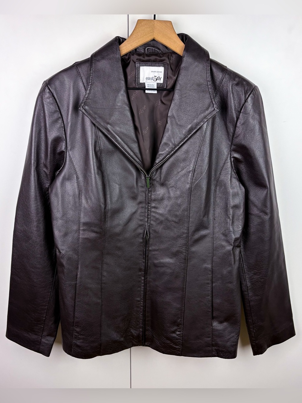 Vintage 90s Leather Jacket Dark Chocolate Brown Zip Front Medium Womens Coat